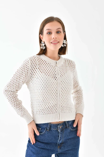 Bisiklet Yaka Fermuar Detaylı Delikli Triko Kazak