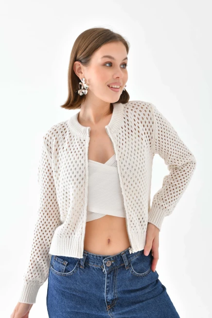 Bisiklet Yaka Fermuar Detaylı Delikli Triko Kazak