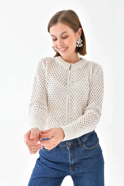 Bisiklet Yaka Fermuar Detaylı Delikli Triko Kazak