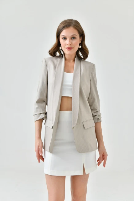 Womens Stone Striped Sleeve Pleated Boyfriend Jacket