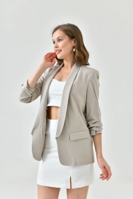 Womens Stone Striped Sleeve Pleated Boyfriend Jacket