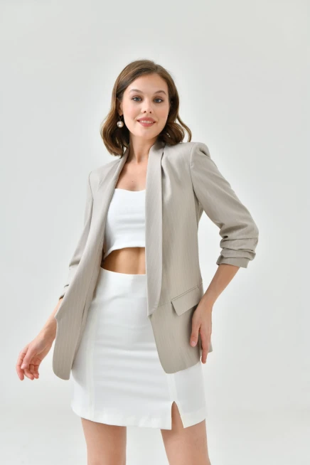 Womens Stone Striped Sleeve Pleated Boyfriend Jacket