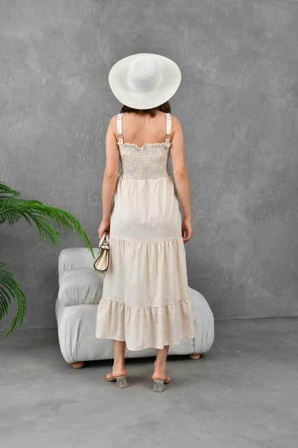 Gipe Detay Askılı Eteği Volanlı Astarlı Dokuma Elbise