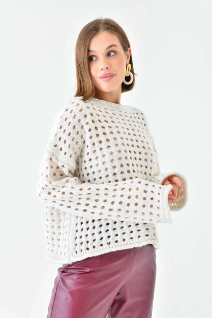 Simli Örgü Detaylı Oversize Bisiklet Yaka Triko Kazak