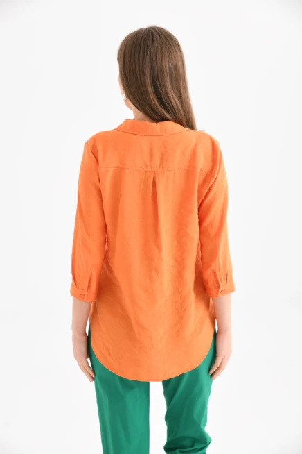 Kadın Turuncu %100 Pamuk Uzun Kollu Gömlek.