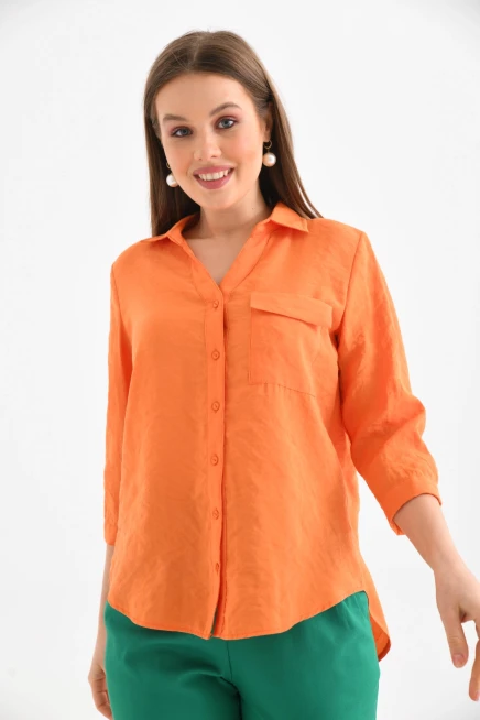 Kadın Turuncu %100 Pamuk Uzun Kollu Gömlek.