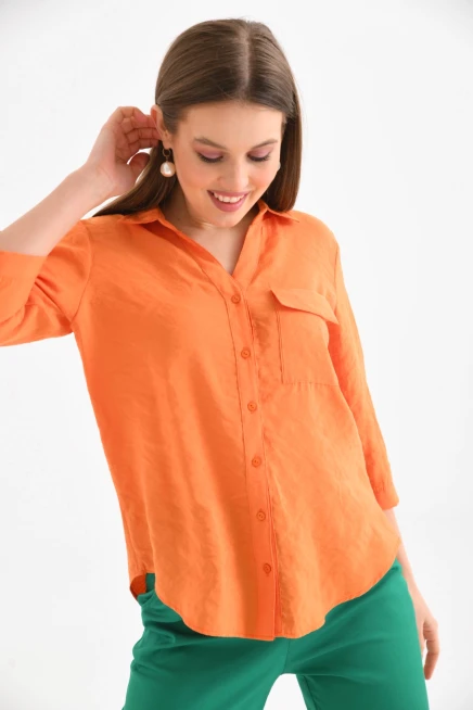 Kadın Turuncu %100 Pamuk Uzun Kollu Gömlek.