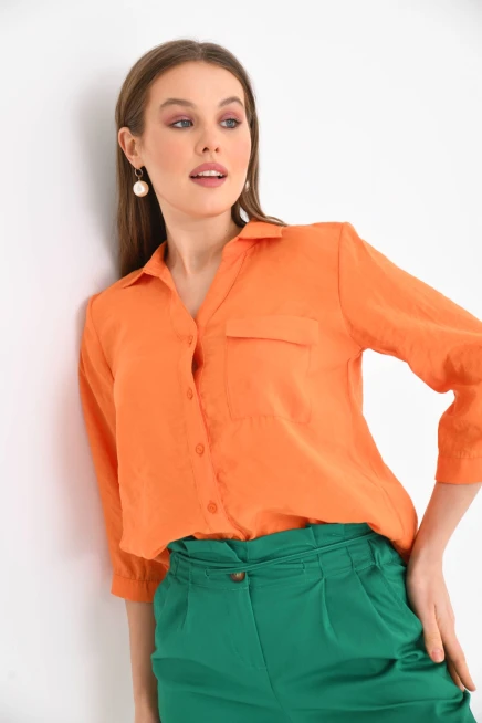 Kadın Turuncu %100 Pamuk Uzun Kollu Gömlek.