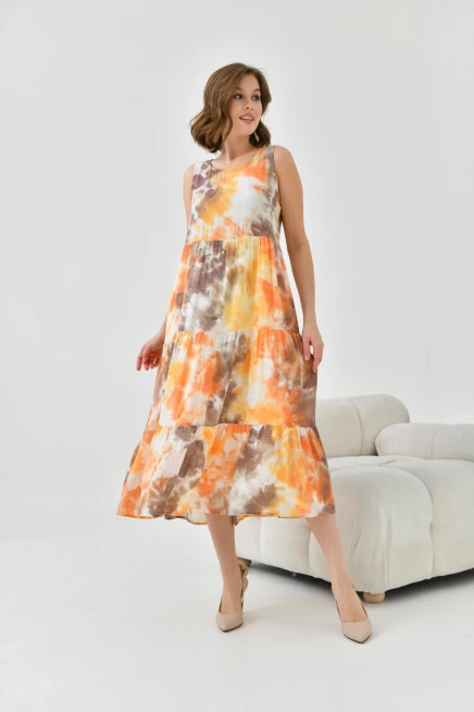 Kadın Turuncu Bisiklet Yaka Sıfır Kol Volan Detaylı Batik Elbise