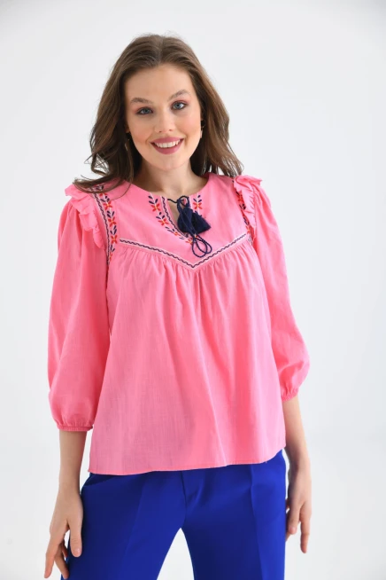 Kadın Uzun Kol Bağlama Detay Nakışlı Salaş Bluz