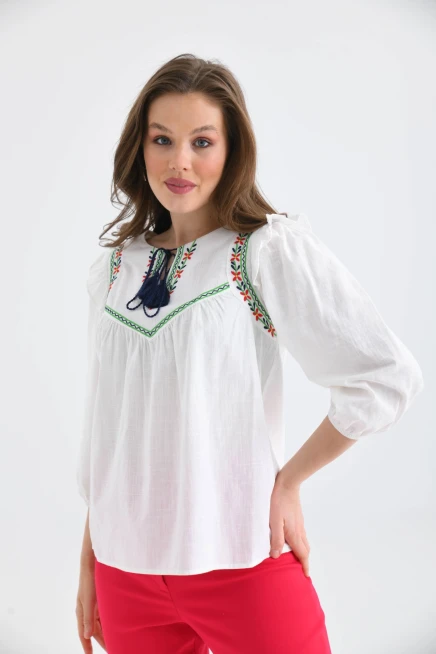 Kadın Uzun Kol Bağlama Detay Nakışlı Salaş Bluz