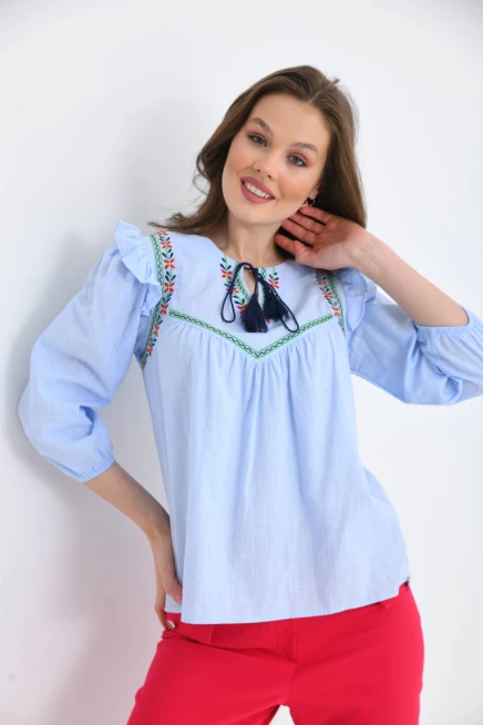 Kadın Uzun Kol Bağlama Detay Nakışlı Salaş Bluz