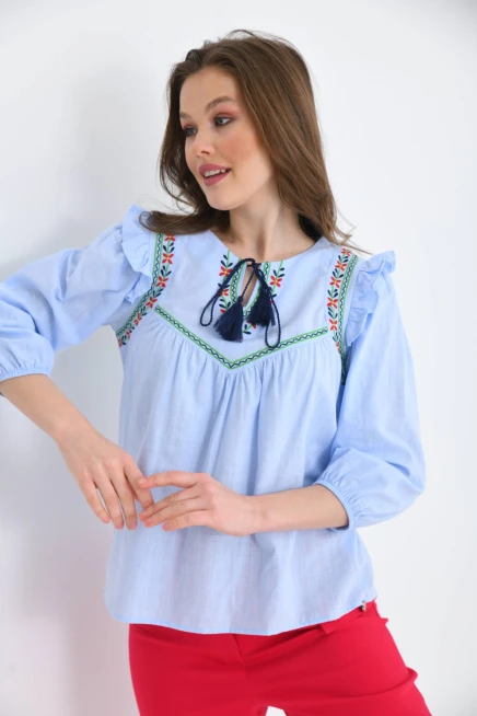 Kadın Uzun Kol Bağlama Detay Nakışlı Salaş Bluz