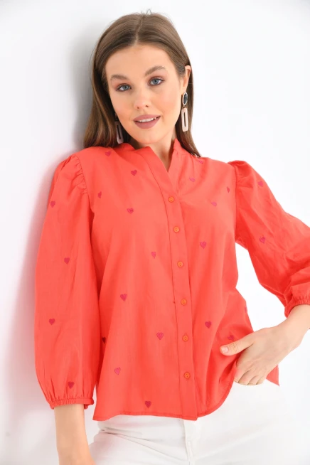 Kadın Uzun Kol Nakışlı Düğme Detay Bluz