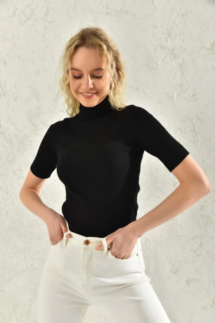 Womens Half Turtleneck Short Sleeve Basic Knitwear Blouse