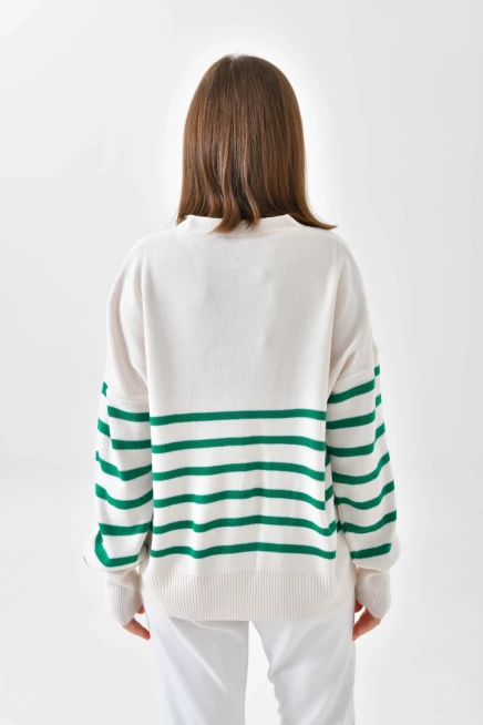 Çizgili Düğme Detaylı Oversize Triko Hırka