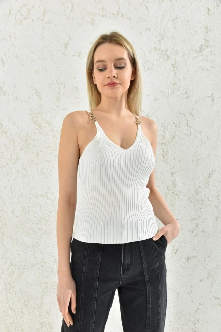 Womens Chain Detailed Strap V-Neck Knitwear Blouse