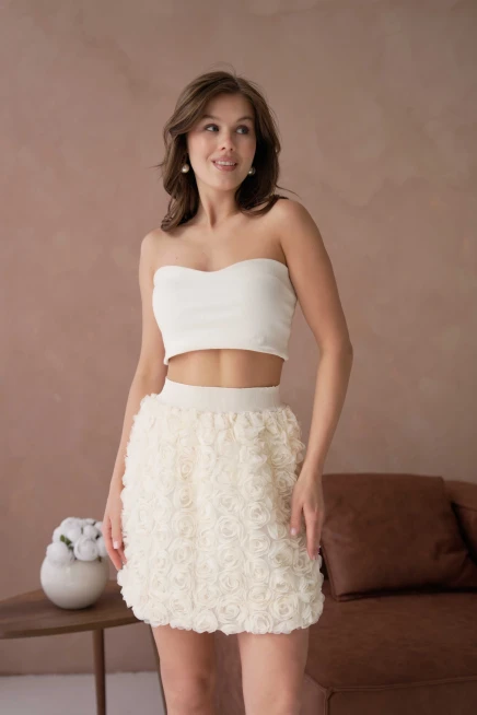 Gül Desenli Beli Lastikli Astarlı Tül Etek