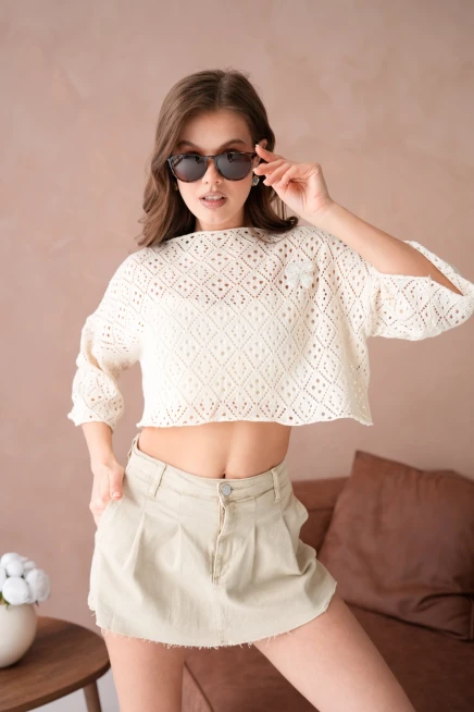 Kadın Kayık Yaka Ajurlı Triko Kazak