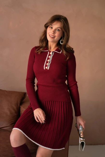 Kadın Polo Yaka Düğme Detay Kazak Etekli İkili Triko Takım