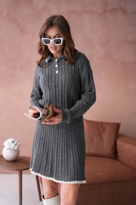 Kadın Polo Yaka Örgü Detay Etekli İkili Triko Takım