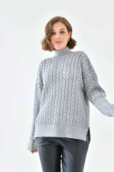 Kadın Yarım Balıkçı Yırtmaçlı Salaş Triko Kazak