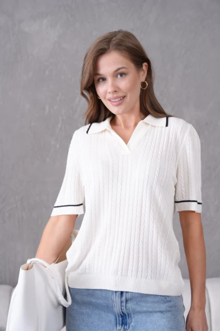 Polo Yaka Saç Örgü Kısa Kol Triko Kazak