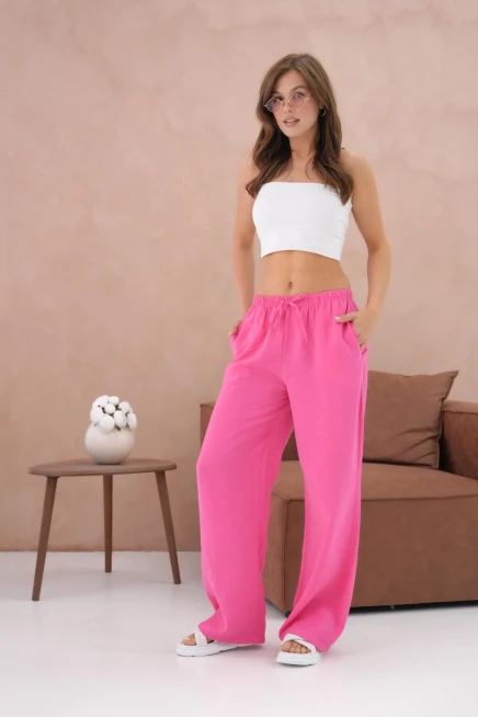 Yüksek Bel Lastikli Bol Paça Palazzo Dokuma Pantolon