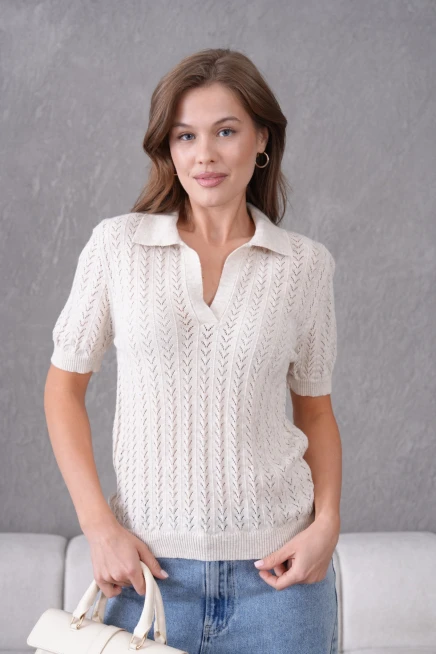 Polo Yaka Kısa Kol Ajurlu Polo Triko Kazak