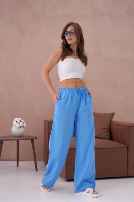 Yüksek Bel Lastikli Bol Paça Palazzo Dokuma Pantolon