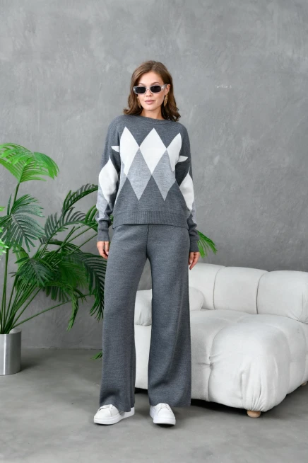 kadın antrasit bisiklet yaka baklava desenli kazak pantolon triko alt-üst takım 214076