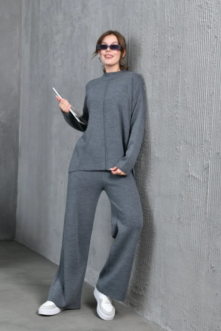 kadın antrasit dik yaka yırtmaçlı kazak pantolon triko alt-üst takım 10998