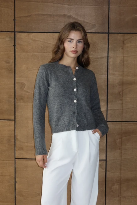 Kadın Antrasit İnci Düğme Detaylı Yumuşak Dokulu Bisiklet Yaka Triko Hırka 