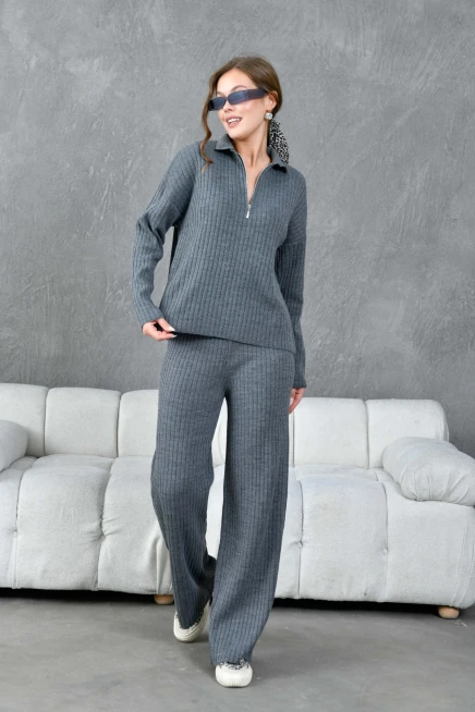 kadın antrasit polo yaka oversize kazak pantolon triko alt-üst takım 10955