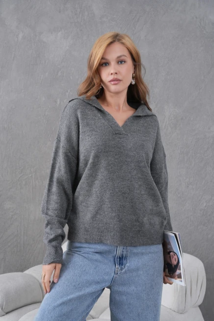 kadın antrasit polo yaka oversize yarım pat yumuşak dokulu triko kazak 8585sw
