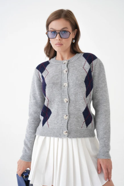 Kadın Gri Bisiklet Yaka Düğme Detay Desenli Triko Hırka