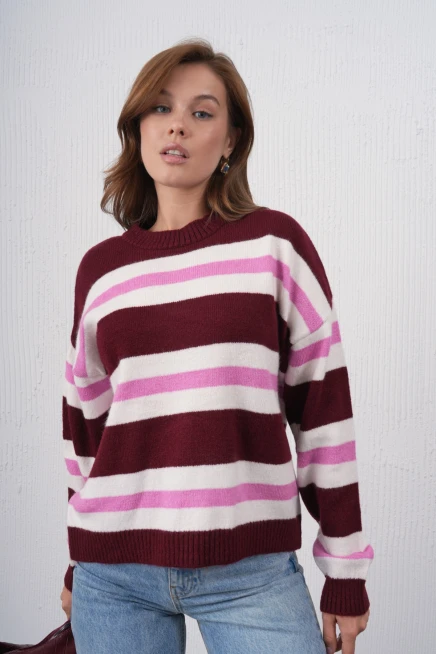 kadın kemik bisiklet yaka çizgili oversize triko kazak 8655sw