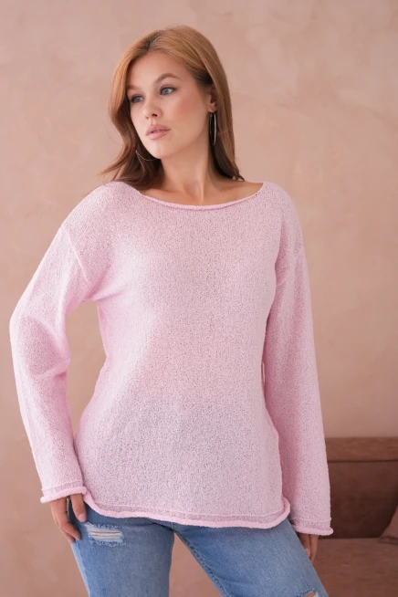 Kadın Pembe Basic Oversize Kayık Yaka Dokulu Triko Kazak 8529sw
