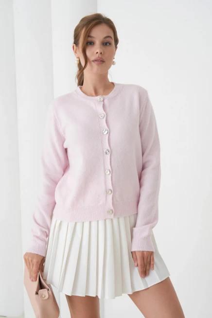 Kadın Pembe Bisiklet Yaka Düğme Detay Yumuşak Dokulu Triko Hırka