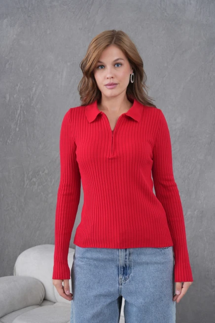 Kadın Polo Yaka Fermuar Detay Kaşkorse Triko Kazak