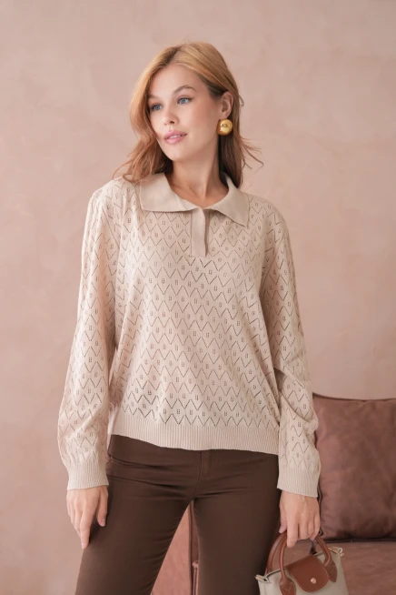 Kadın Polo Yaka Örgü Detay Oversize Triko Kazak