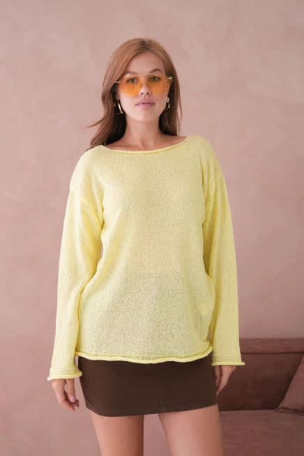 Kadın Sarı Basic Oversize Kayık Yaka Dokulu Triko Kazak 8529sw