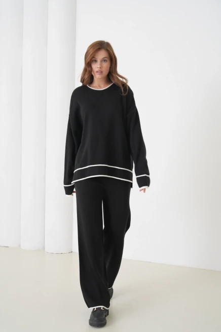 kadın siyah bisiklet yaka oversize kazak pantolon triko alt-üst takım 12352