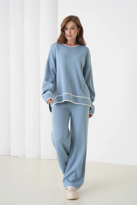 kadın siyah bisiklet yaka oversize kazak pantolon triko alt-üst takım 12352