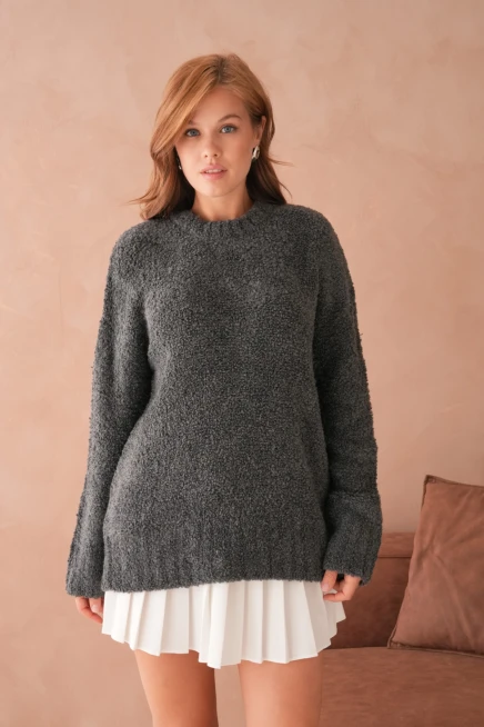 Kadın Bisiklet Bürümcük Yaka Yumuşak Dokulu Oversize Triko Kazak