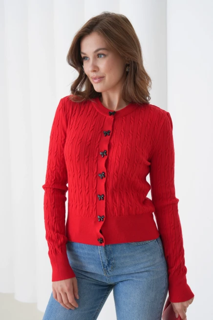 Kadın Bisiklet Yaka Düğme Detay Saç Örgü Yumuşak Dokulu Triko Hırka 