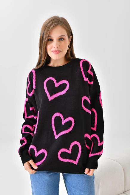 Kadın Bisiklet Yaka Kalp Desenli Salaş Triko Kazak