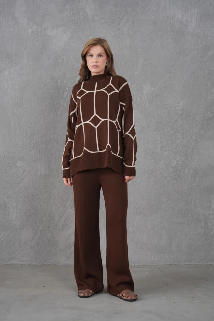 Kadın Dik Yaka Desenli Oversize Kazak Pantolon Triko Alt-Üst Takım