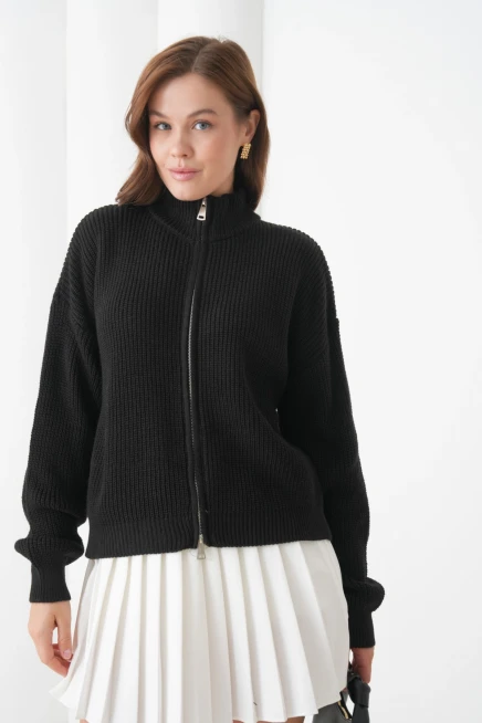 Kadın Dik Yaka Fermuar Kapama Oversize Triko Hırka 