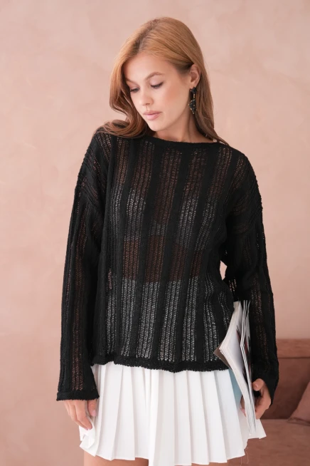 Kadın Kayık Yaka Örgü Detay Oversize Triko Kazak